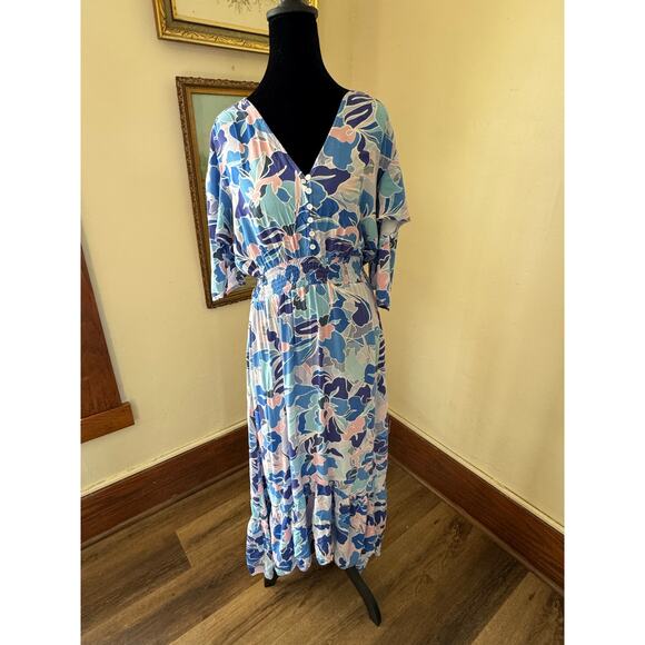 Abel the Label Dresses & Skirts - Abel The Label Blue Floral Maxi Dress Smocked Waist Button Front Boho M